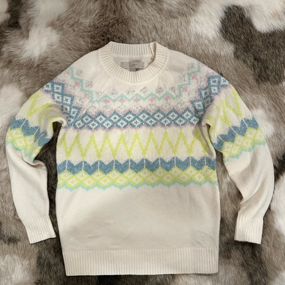 Ann Taylor Loft pastel blue green cream fair isle sweater sp, small petite